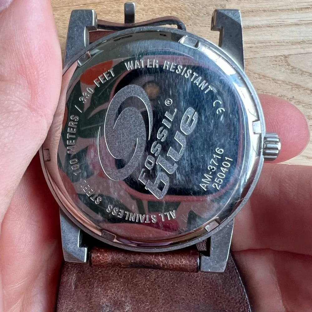Fossil Blue mens black dial brown leather watch NEW BATTERY